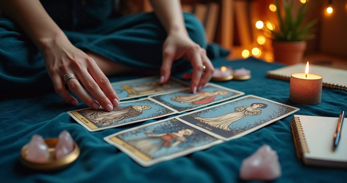 Taróloga fazendo tiragem de tarot amorosa com cartas A Lua e O Enamorado sobre mesa