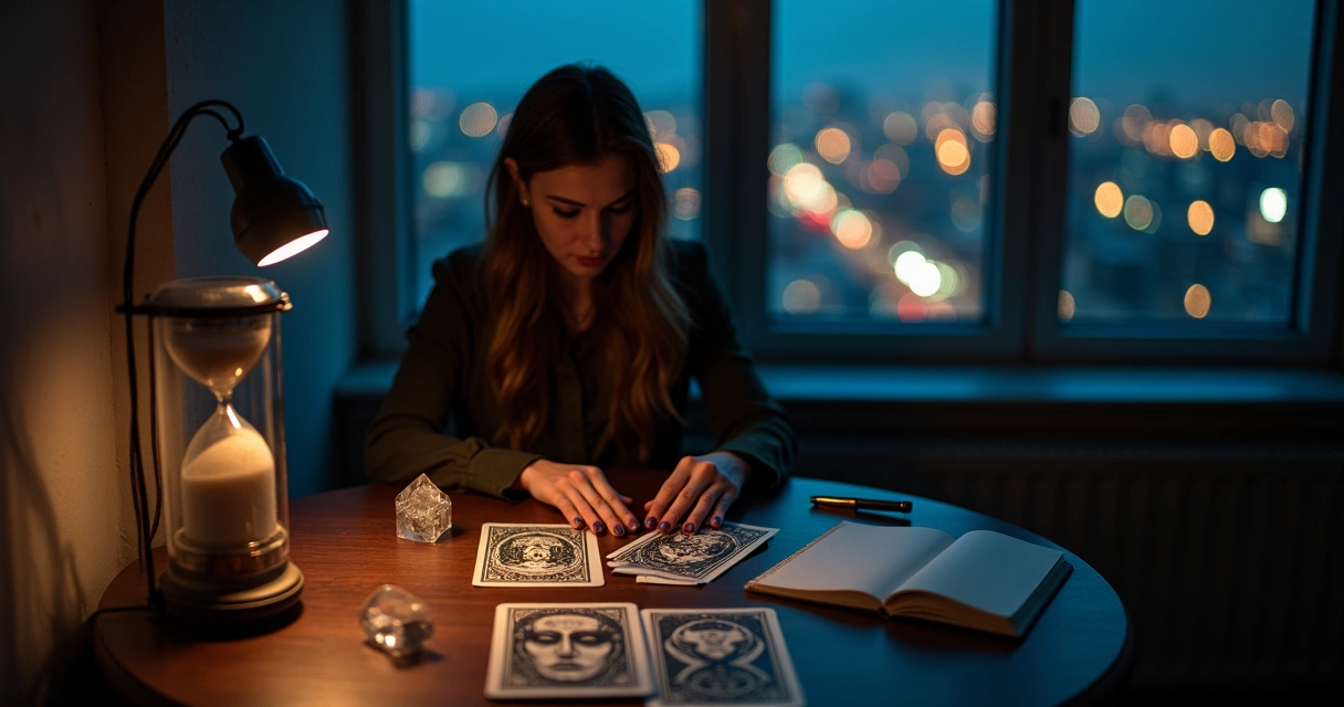 Taróloga voltada de costas para o observador lendo cartas de tarot em mesa escura
