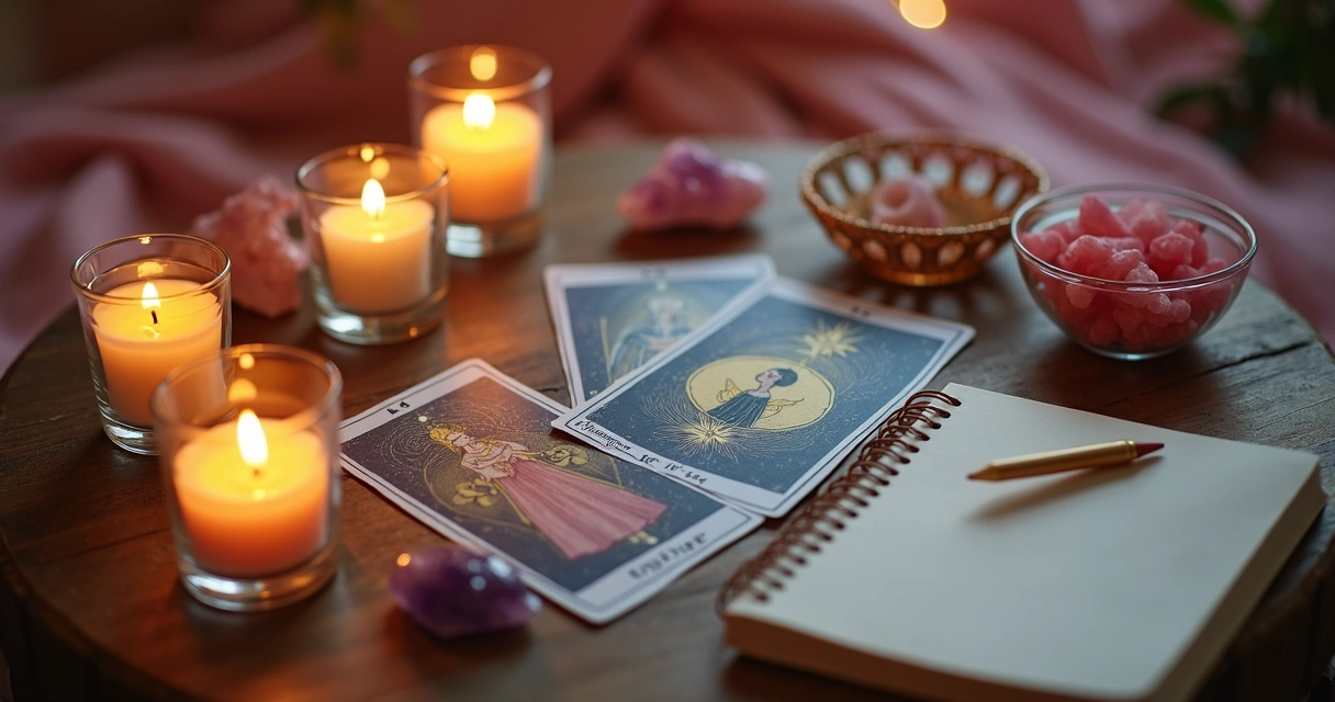 Cartas de tarot sobre amor ao lado de cristais e velas acesas