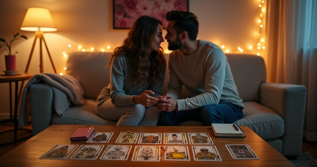 Casal sentado em sofá interpretando cartas de tarot sobre o amor juntos