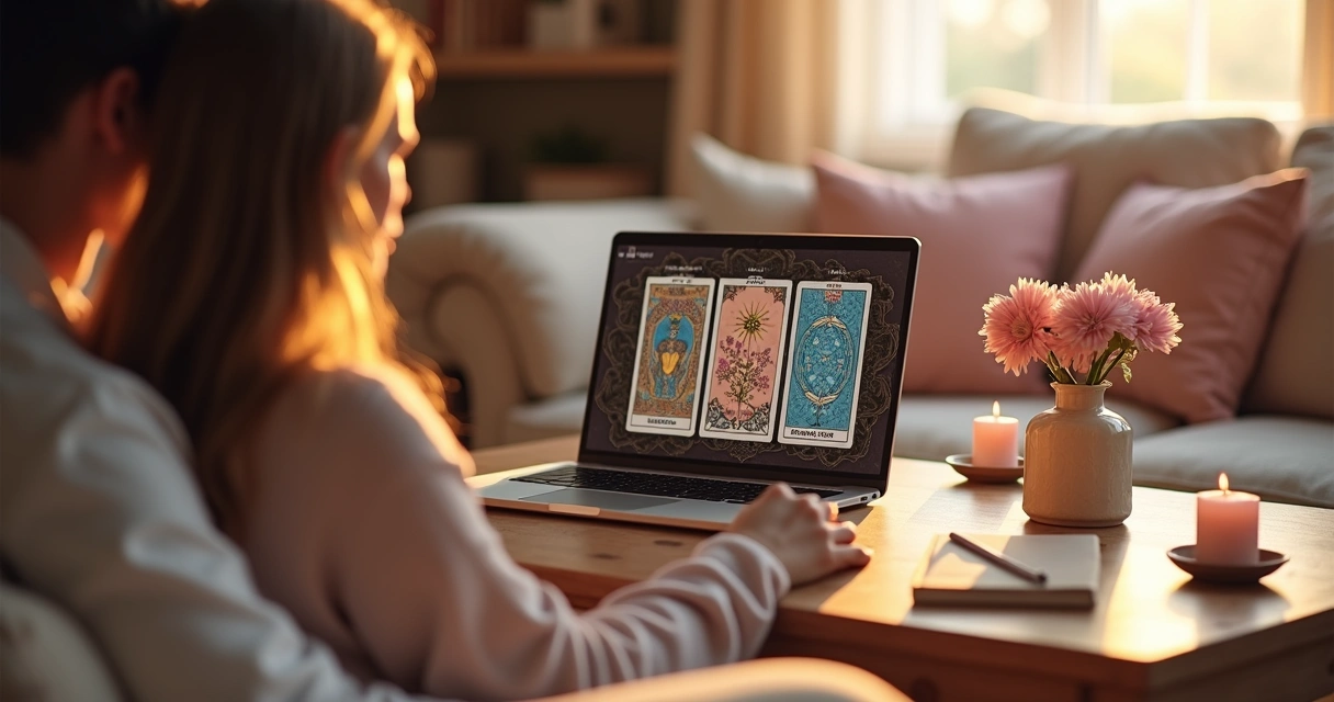 Casal de frente para notebook com cartas de tarot de amor na tela e clima romântico suave