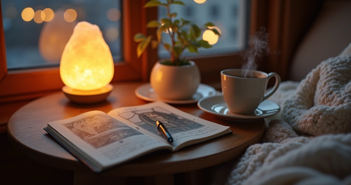 Cartas de tarot ao lado de xícara de chá e caderno em ambiente acolhedor