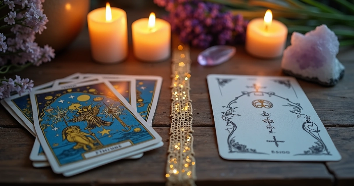 Tarot e baralho cigano lado a lado sobre mesa com detalhes místicos