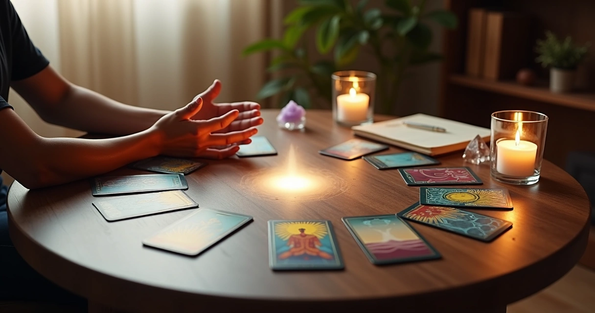 Pessoa vendo cartas de tarot alinhadas em círculo com luz ao centro