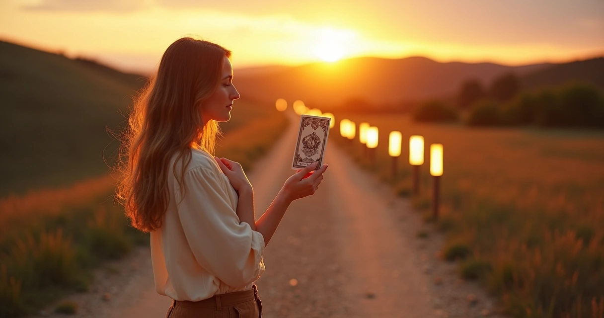 Mulher escolhendo carta de tarot em encruzilhada iluminada ao entardecer