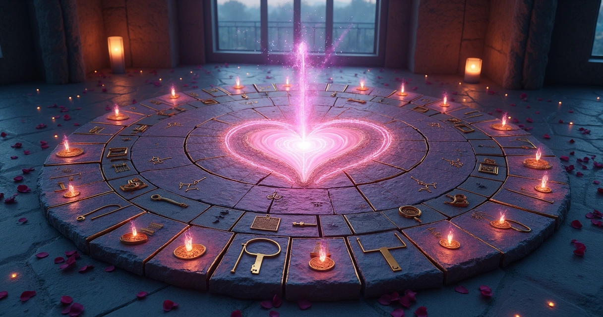 Cartas de tarot formando coração em espiral luminosa em ambiente espiritual
