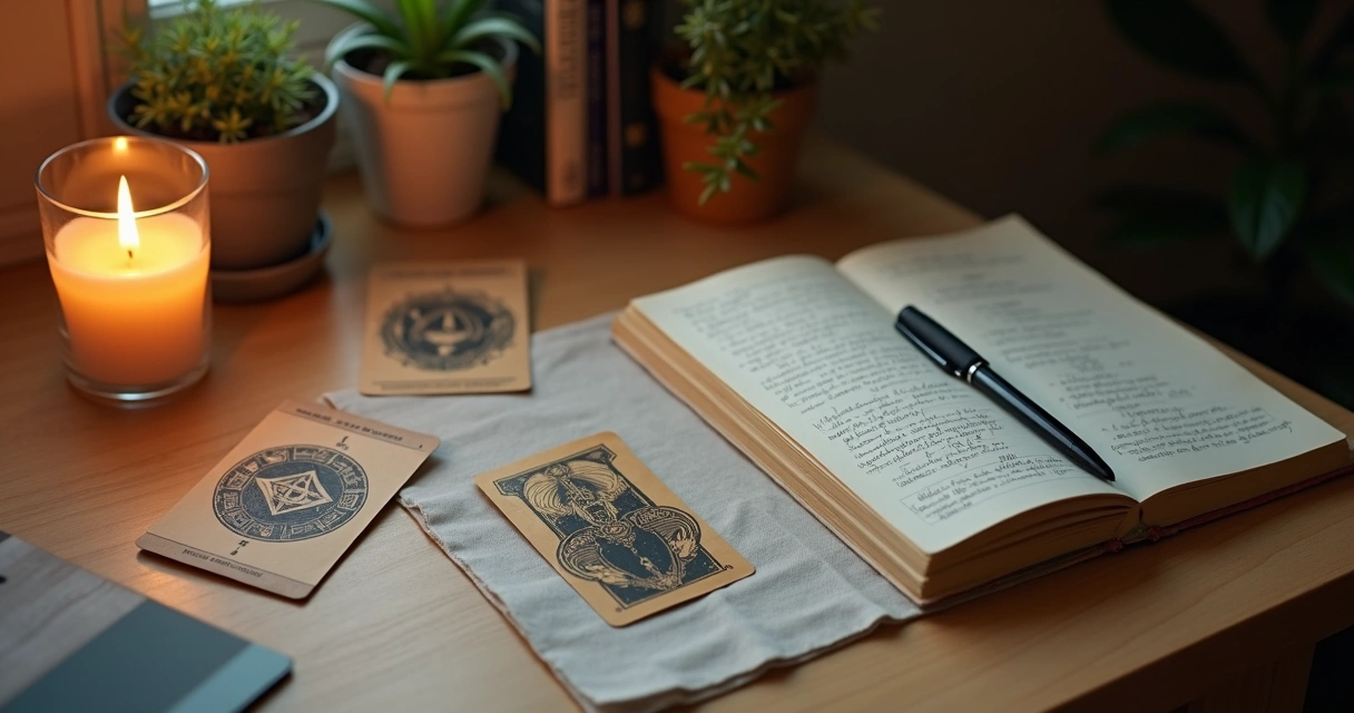 Mesa de estudo com cartas de tarot, caderno e vela acesa em ambiente acolhedor