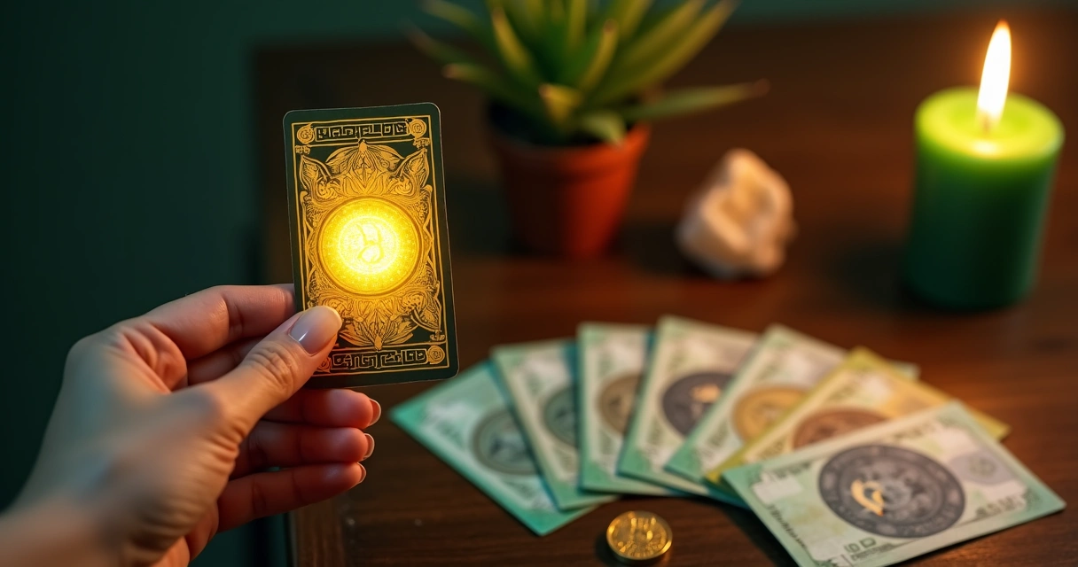 Mão feminina segurando carta de Tarot do naipe de Ouros sobre mesa com dinheiro e vela verde