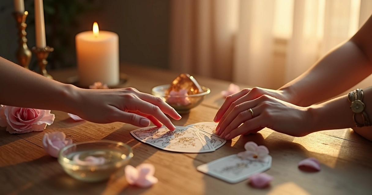 Cartas de tarot sobre mesa com velas acesas e duas mãos se aproximando