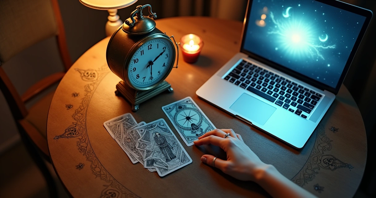 Mesa de tarot com cartas e relógio simbolizando decisões rápidas online
