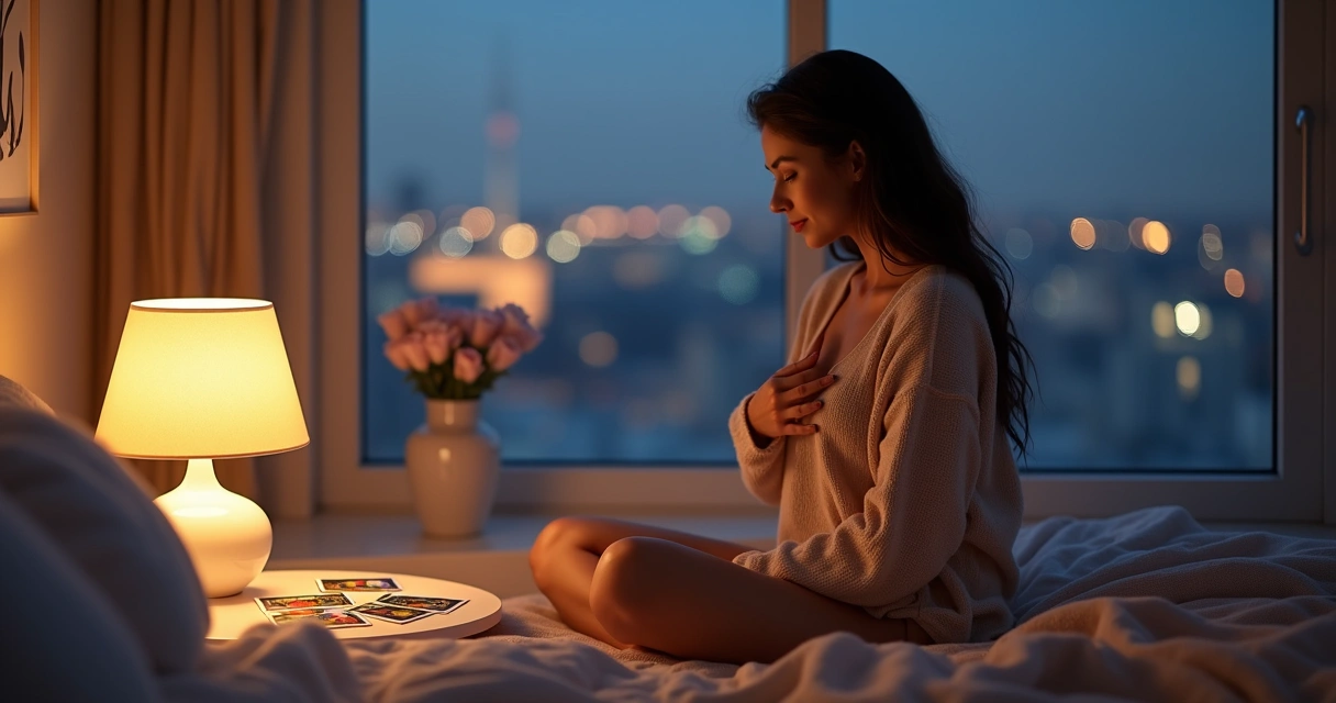 Mulher contemplando cartas de tarot sobre amor diante de janela iluminada à noite