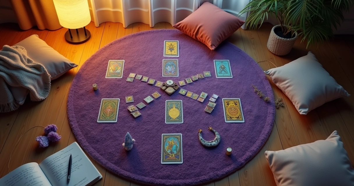 Várias tiragens de cartas de tarot organizadas sobre tapete roxo