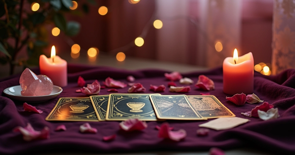 Altar com cartas de tarot e simbolismo de reconciliação amorosa