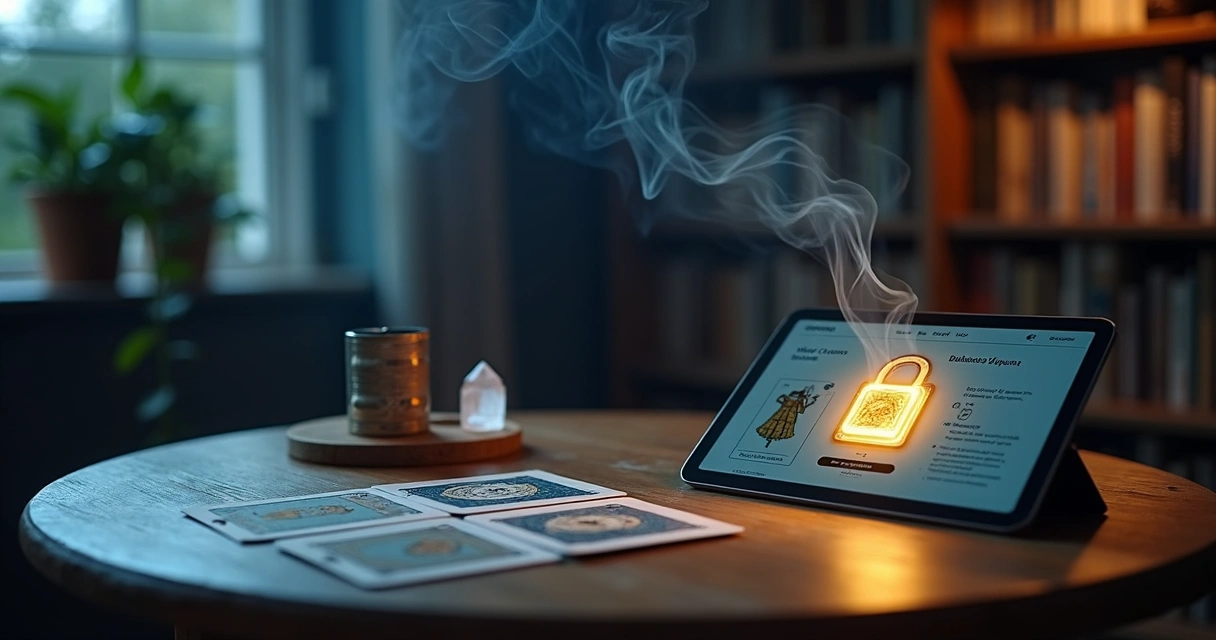 Mesa com baralho cigano, tablet exibindo site esotérico e cadeado de luz representando segurança digital