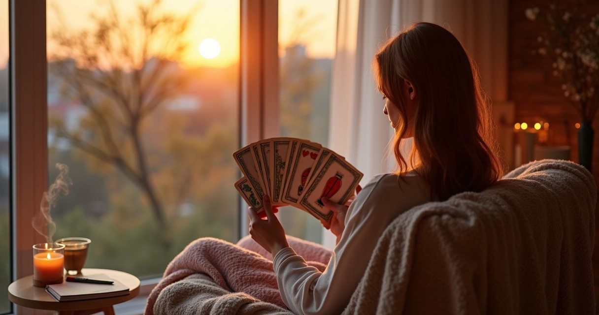 Mulher contemplando baralho cigano ao entardecer perto da janela