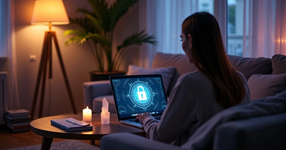 Mulher consulta site esotérico em laptop com cadeado digital flutuando na tela