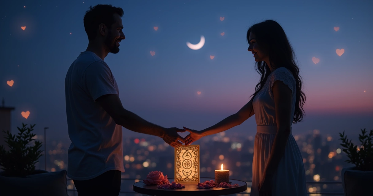 Silhueta de casal aproximando as mãos diante de carta de tarot sob céu estrelado