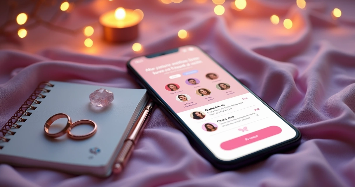Tela de celular exibindo consulta amorosa online com tarot e ícones de chat e áudio