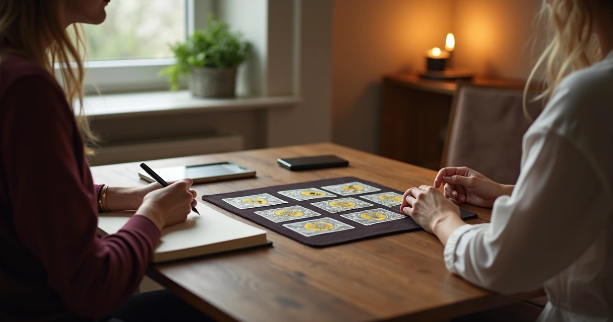 Pessoa analisa cartas de tarot em mesa organizada com clima acolhedor e profissional