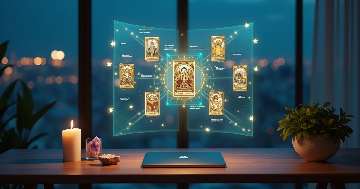 Painel digital com cartas de tarot iluminadas em ambiente moderno e místico