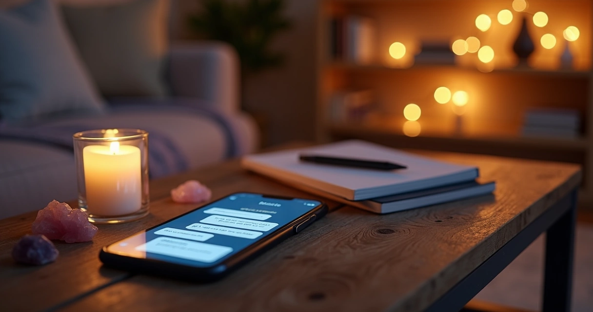 Ambiente aconchegante com smartphone exibindo consulta de tarot online sobre mesa de madeira