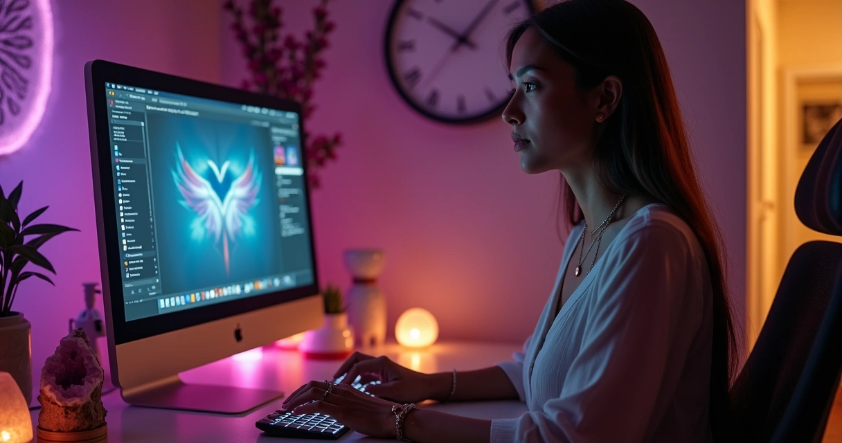 Consultora espiritual atende consulta amorosa via chat em ambiente esotérico acolhedor