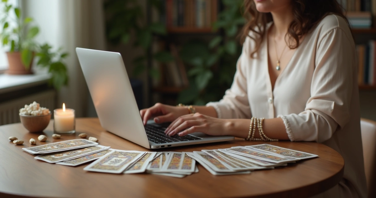Consultora espiritual atendendo online com cartas de tarot e búzios ao lado de notebook