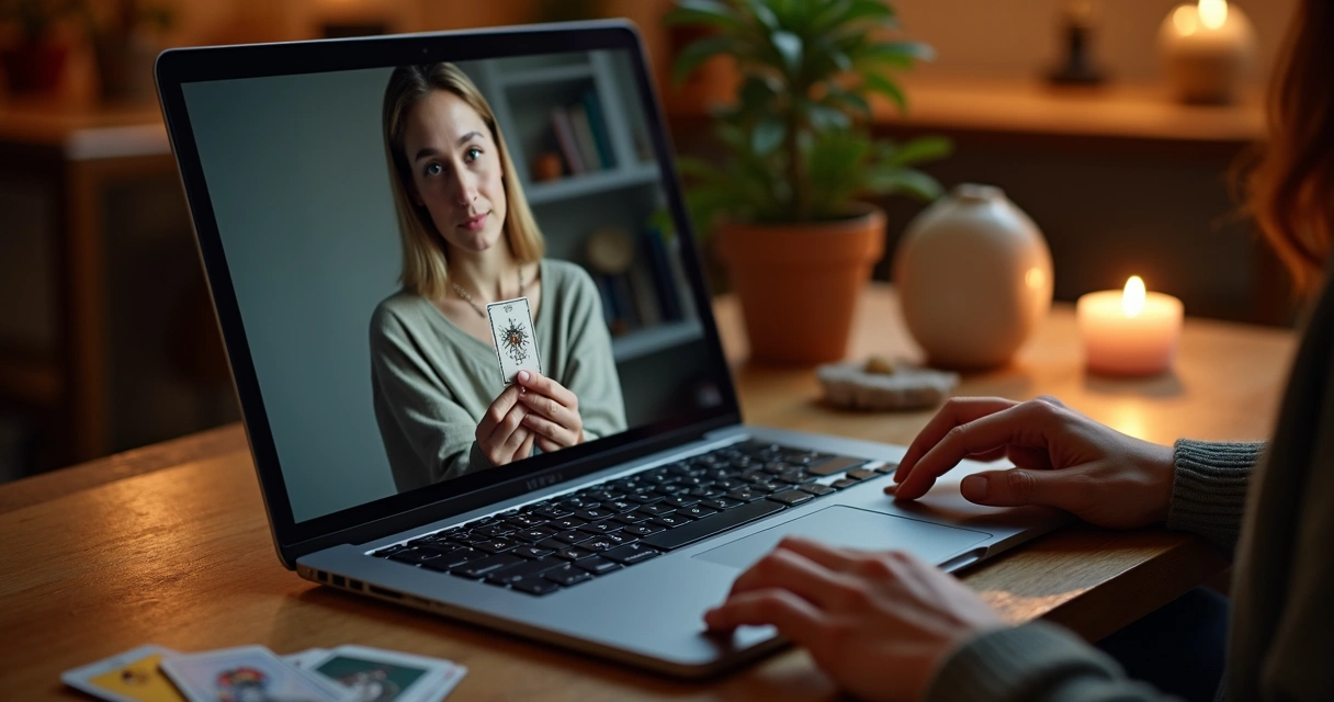 Consultora de tarot atende cliente em consulta online ao vivo no notebook