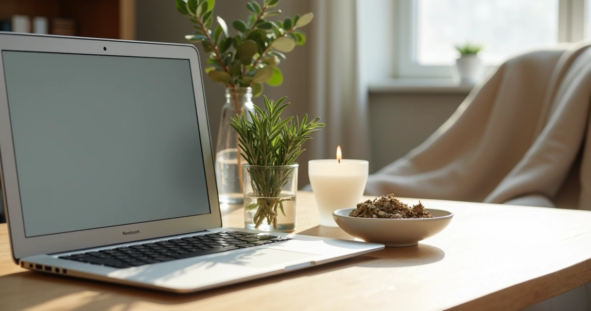 Mesa de home office com ervas discretas ao lado do computador