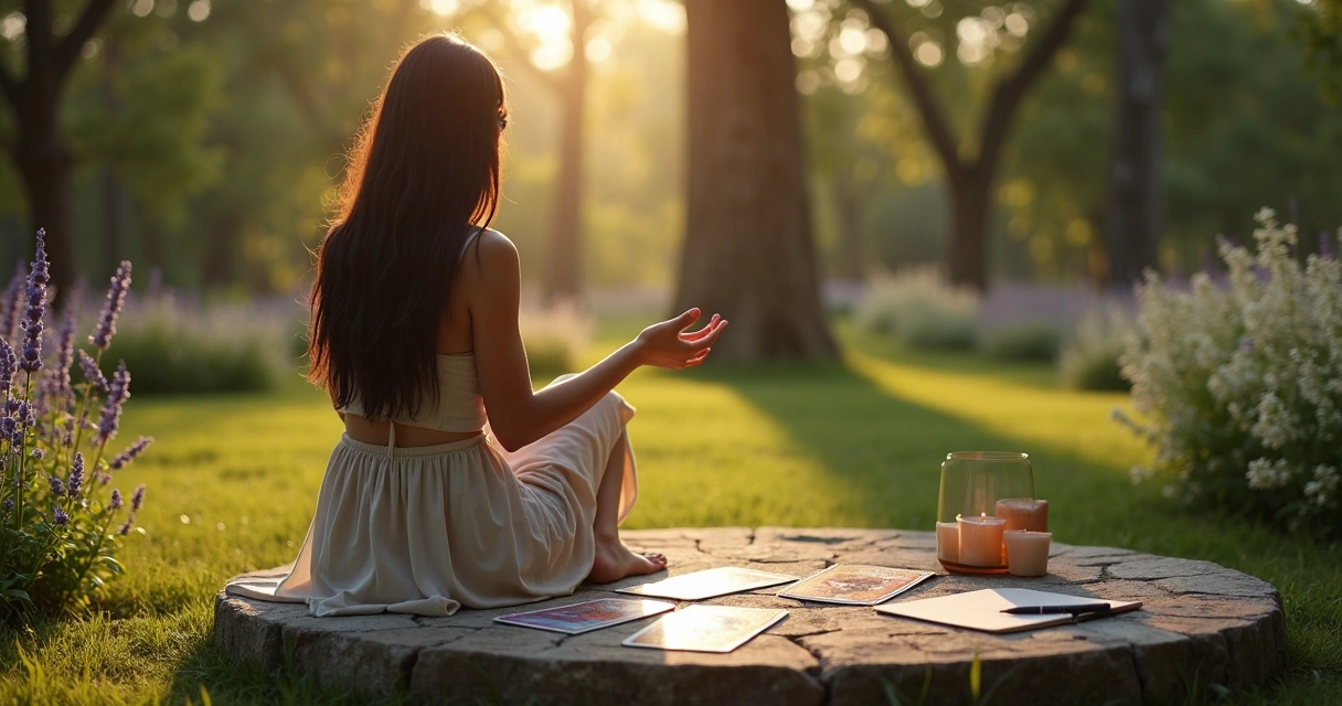 Mulher contemplando cartas dos arcanos maiores em jardim iluminado pelo sol