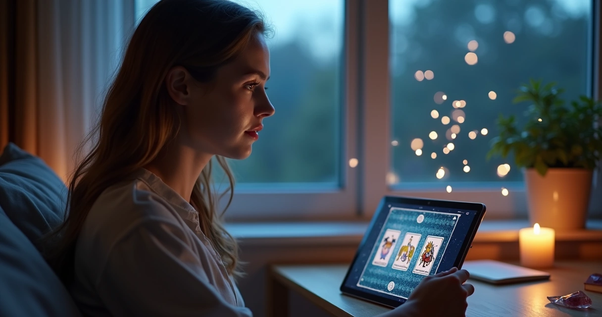 Mulher concentrada diante de tablet com cartas de tarot virtuais flutuando ao redor