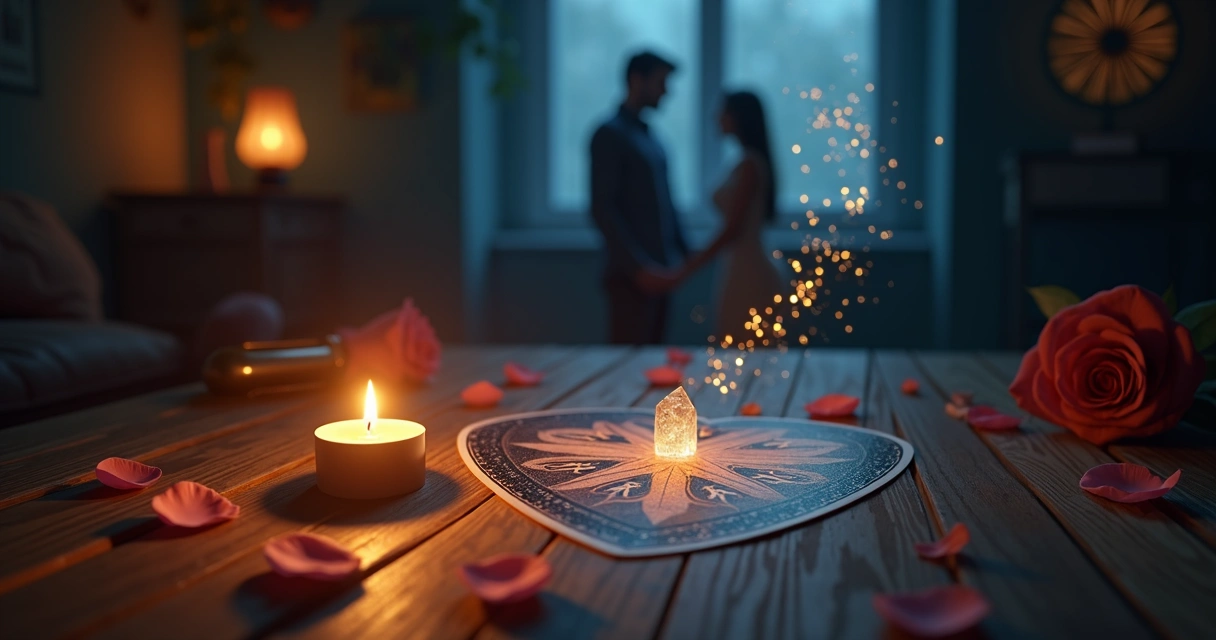 Mesa de tarot com cartas de amor e silhuetas de casal flutuando ao fundo