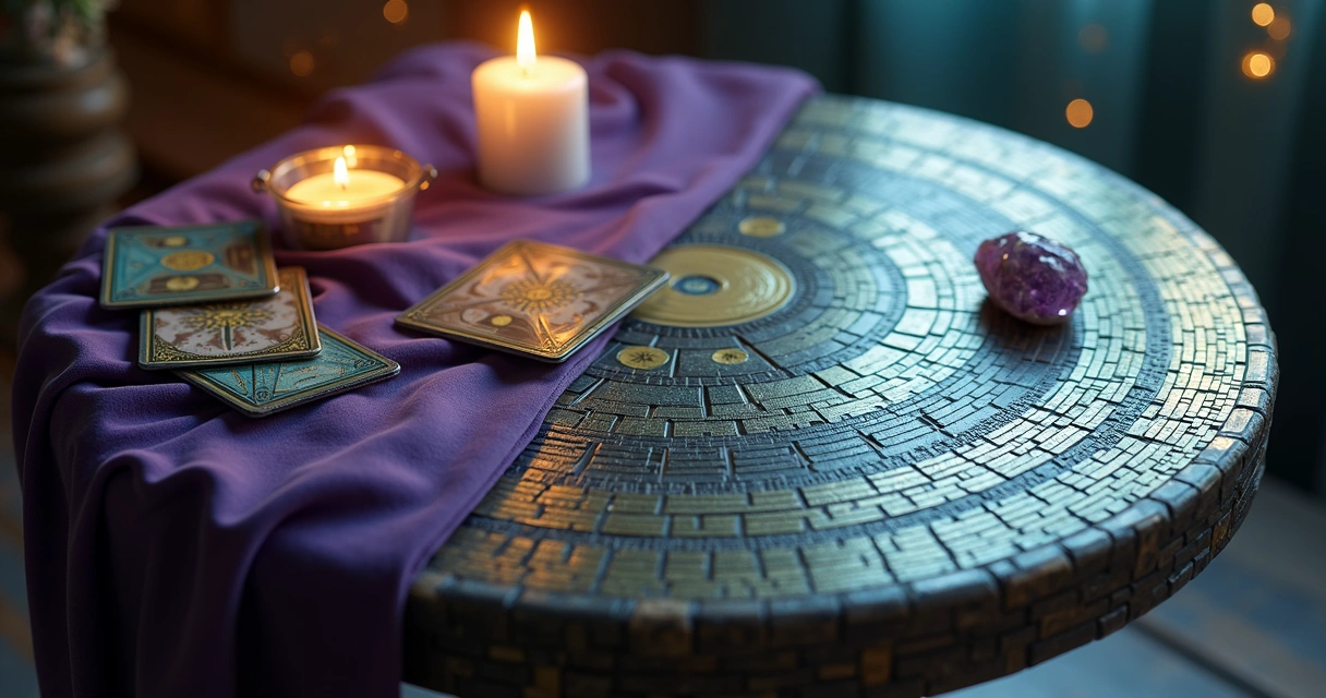 Mosaico de símbolos de tarot e segurança digital representando consulta confiável online