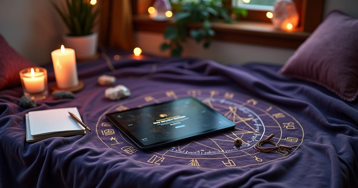 Mesa mística preparada com símbolos de tarot ao lado de tablet pronto para consulta online