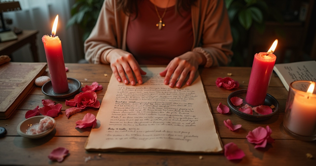Mulher refazendo simpatia de amor com vela rosa e papel rasgado