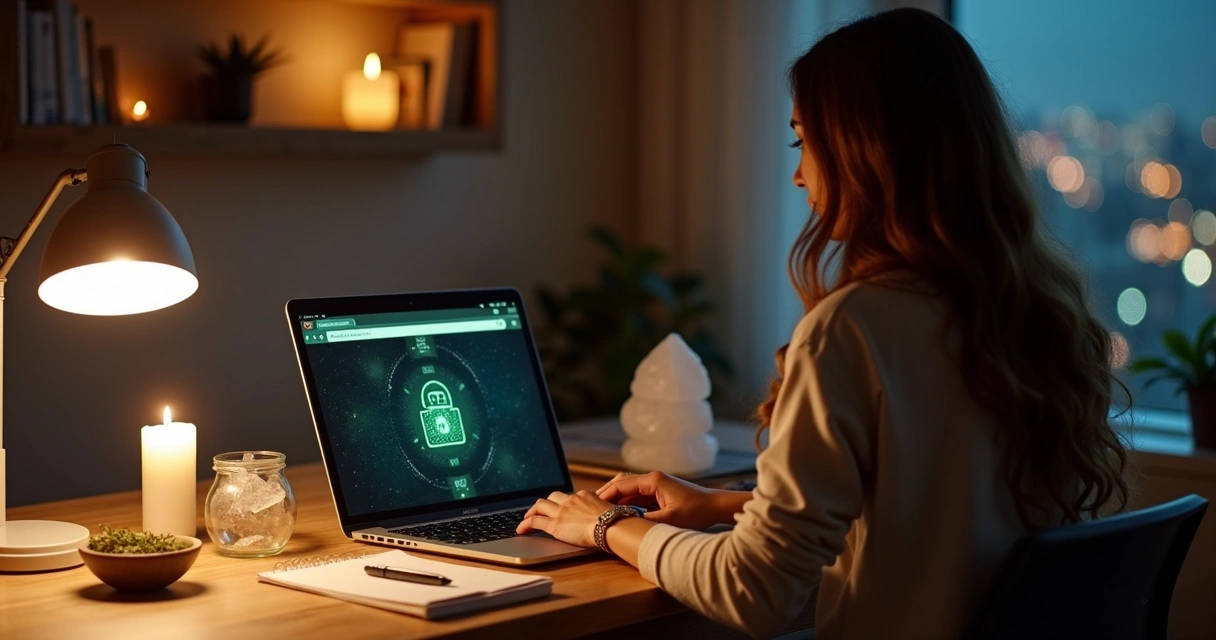 Taróloga conduz consulta espiritual online em ambiente iluminado com foco em segurança digital