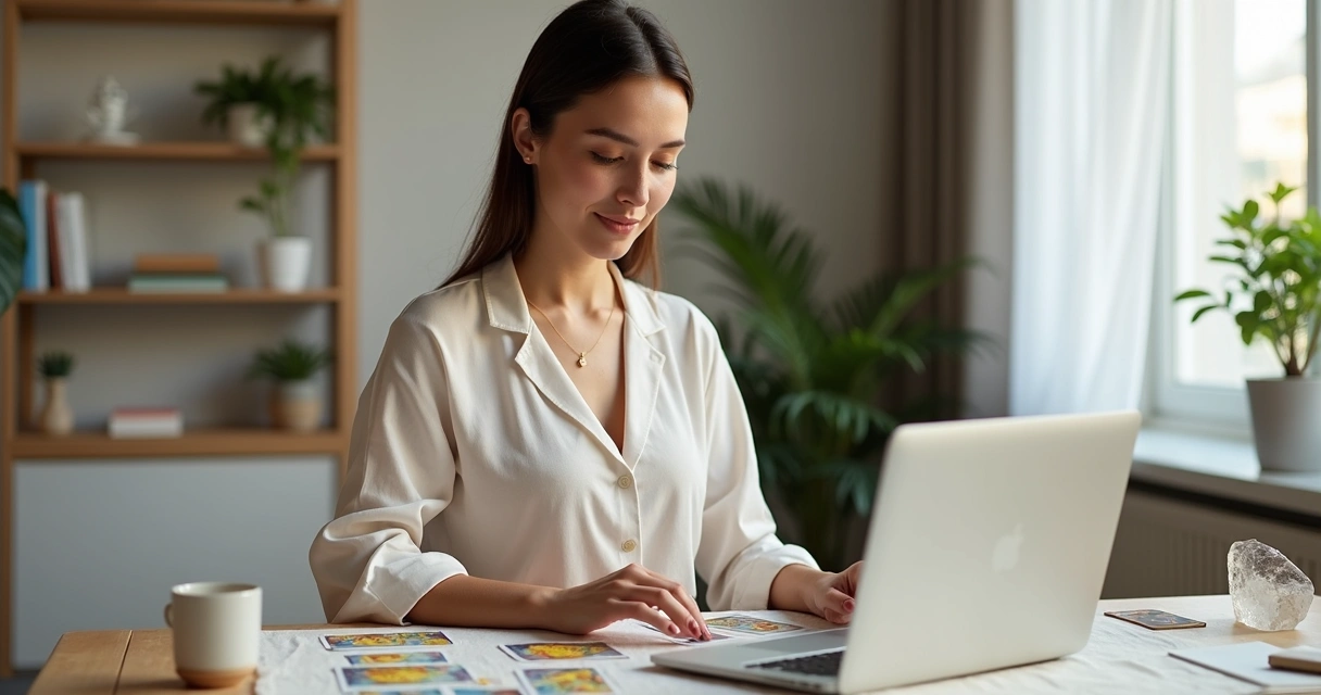 Taróloga em mesa clara analisando cartas de tarot ao lado de notebook aberto