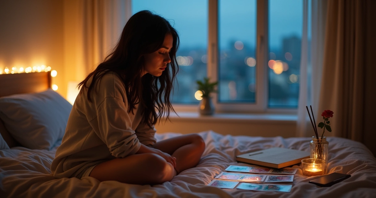 Mulher sozinha observa cartas de tarot sobre mesa refletindo sobre relacionamento amoroso