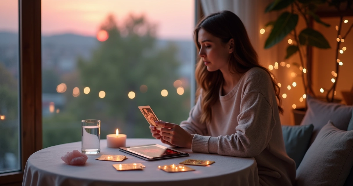 Mulher pensativa segurando carta de tarot do amor diante de tablet aceso
