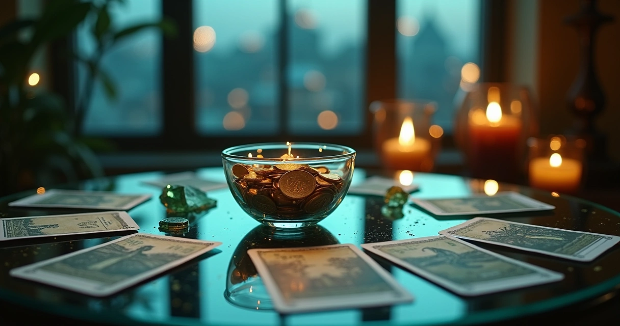 Cartas de tarot alinhadas ao redor de moedas e cristais simbolizando prosperidade financeira