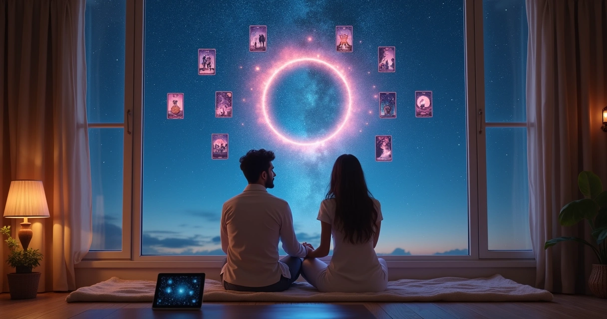 Ilustração de casal de mãos dadas diante de portal cósmico com cartas de tarot flutuando