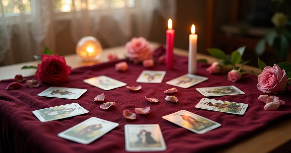 Cartas de tarot formando coração com duas velas acesas ao fundo