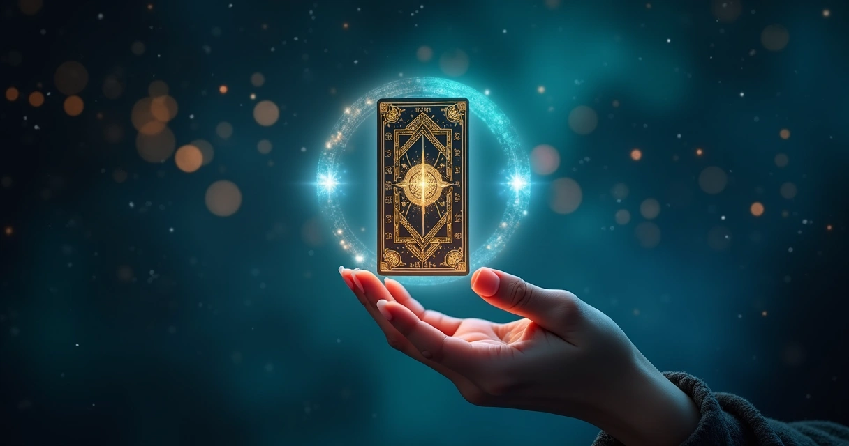 Mão feminina segurando carta de tarot brilhante em cenário digital azul