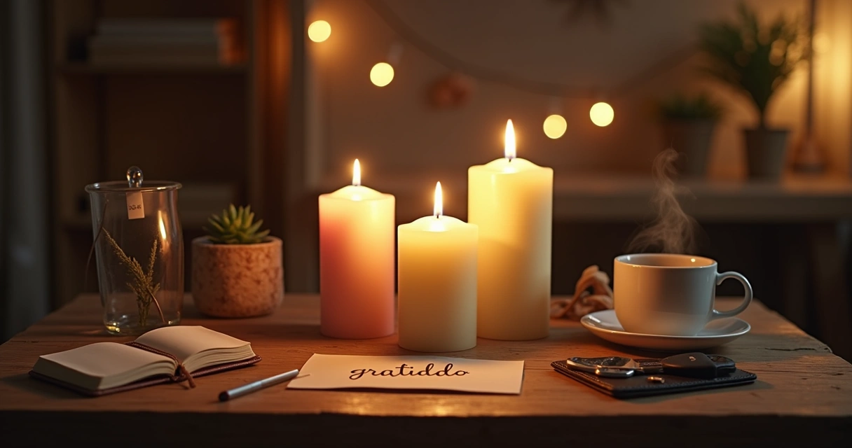 Altar com velas acesas e pequenos objetos simbolizando conquistas do dia a dia