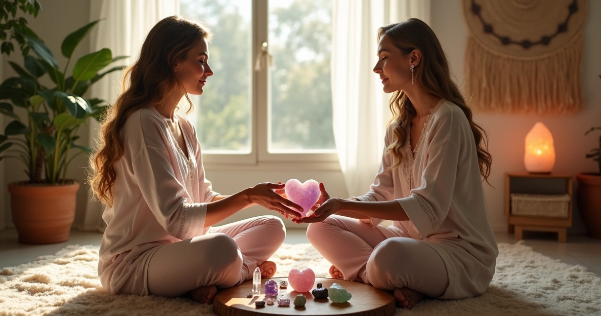 Duas amigas sentadas em tapete com cristais entre elas