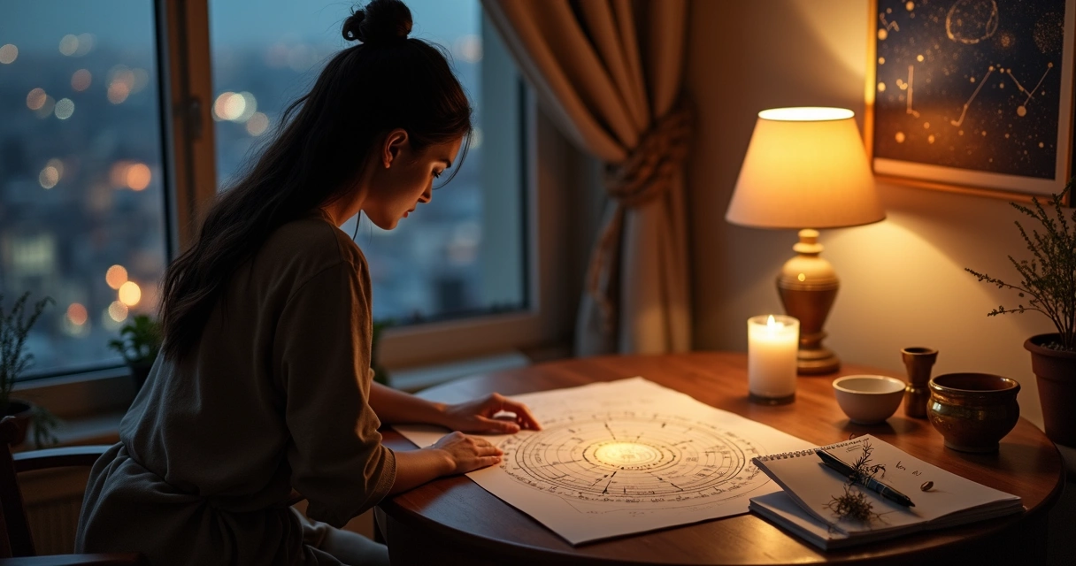 Mulher observando mapa astral iluminado ao lado de janela à noite