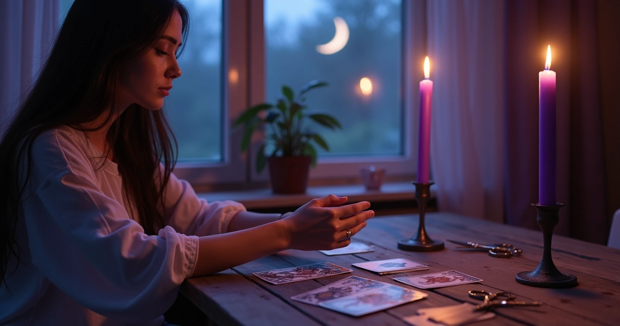 Mulher em mesa escura separando carta de tarot entre duas velas acesas