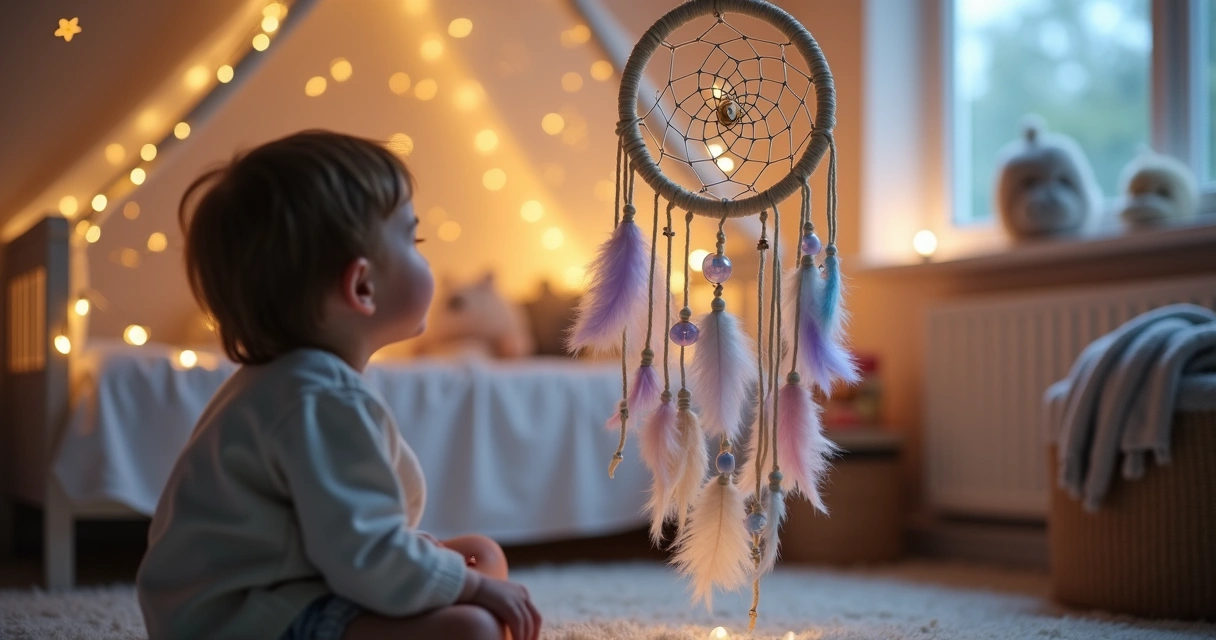 Criança pequena observando filtro dos sonhos iluminado em quarto infantil aconchegante