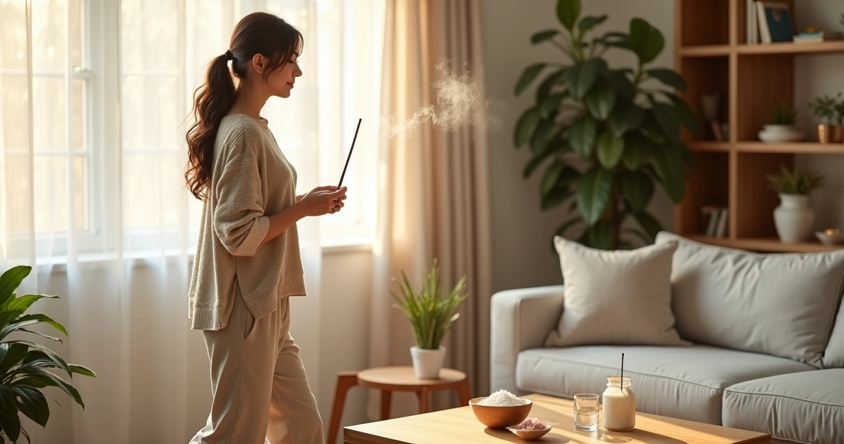 Sala de estar clara com incenso aceso e dona de casa arejando o ambiente
