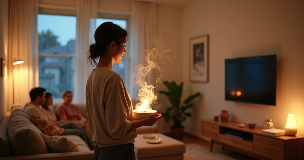 Sala de estar com mulher realizando limpeza energética para harmonizar o lar